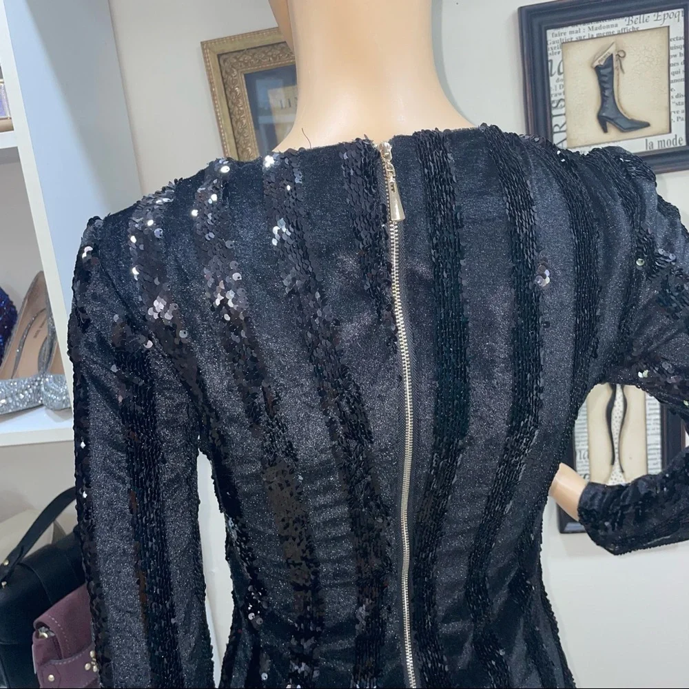 Xtaren NWT! Black Velvet Sequin Striped Chain Long Sleeve Stretchy Mini Dress - Picture 6 of 14